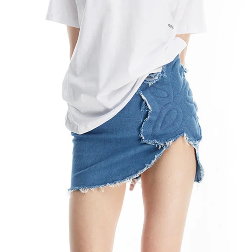 Blue Denim Mini Skirt with Distressed Edge